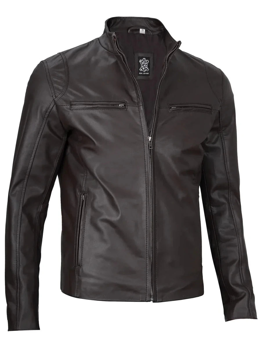 Men's Dark Brown Cafe Racer Leather Jacket - Vox Leather
