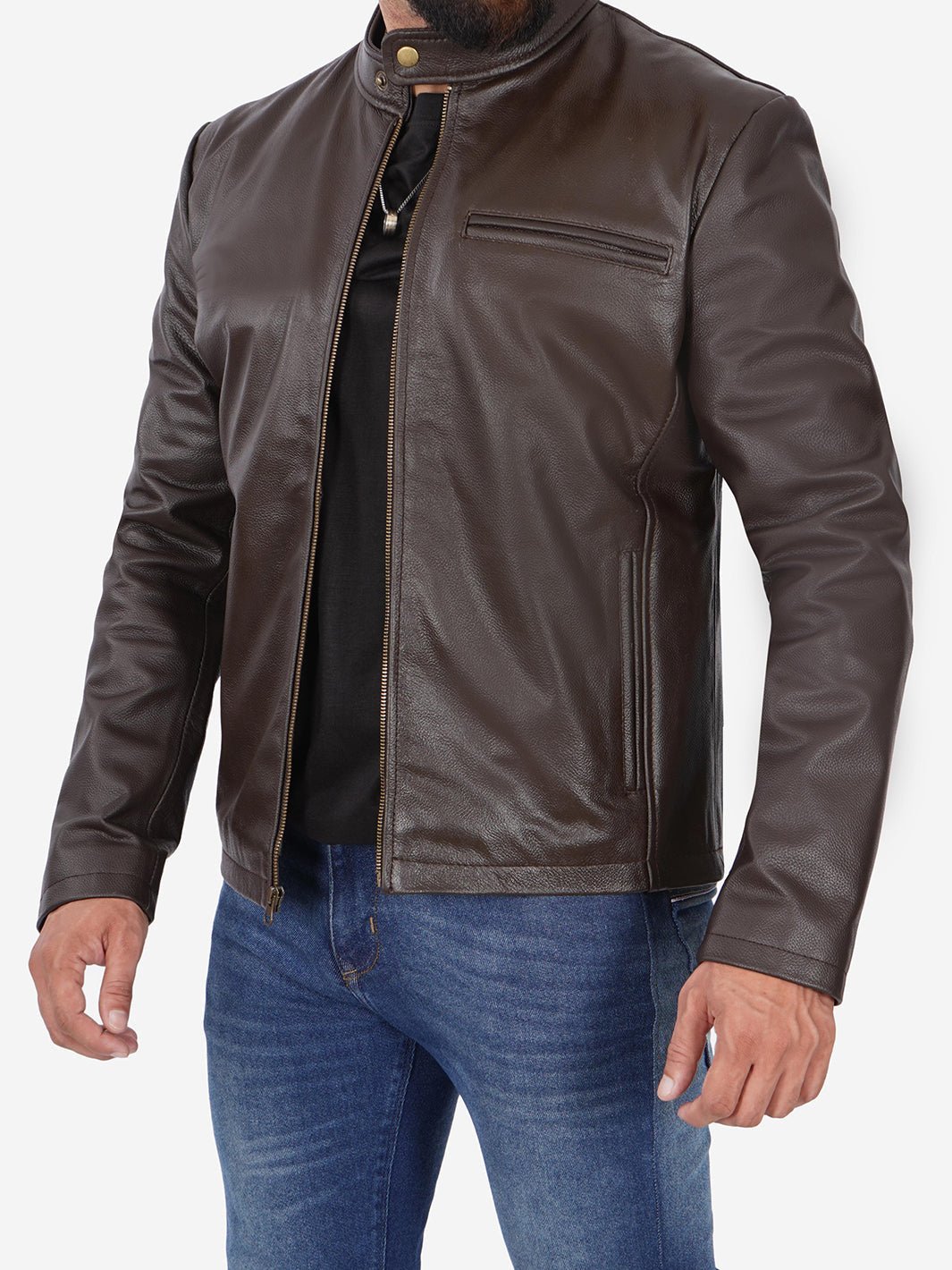 Mens Dark Brown Cowhide Cafe Racer Leather Jacket - Rare Leather