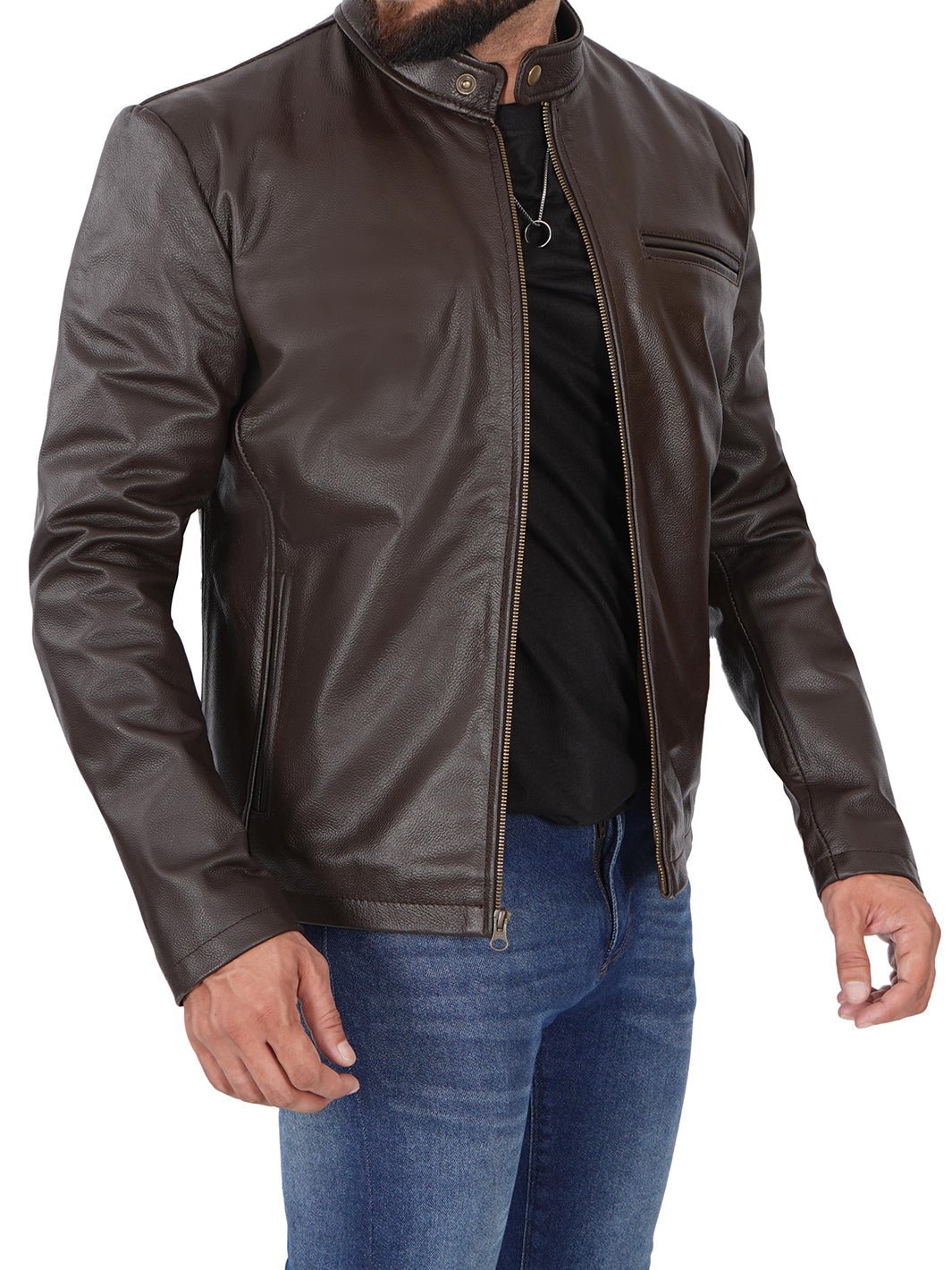 Mens Dark Brown Cowhide Cafe Racer Leather Jacket - Rare Leather