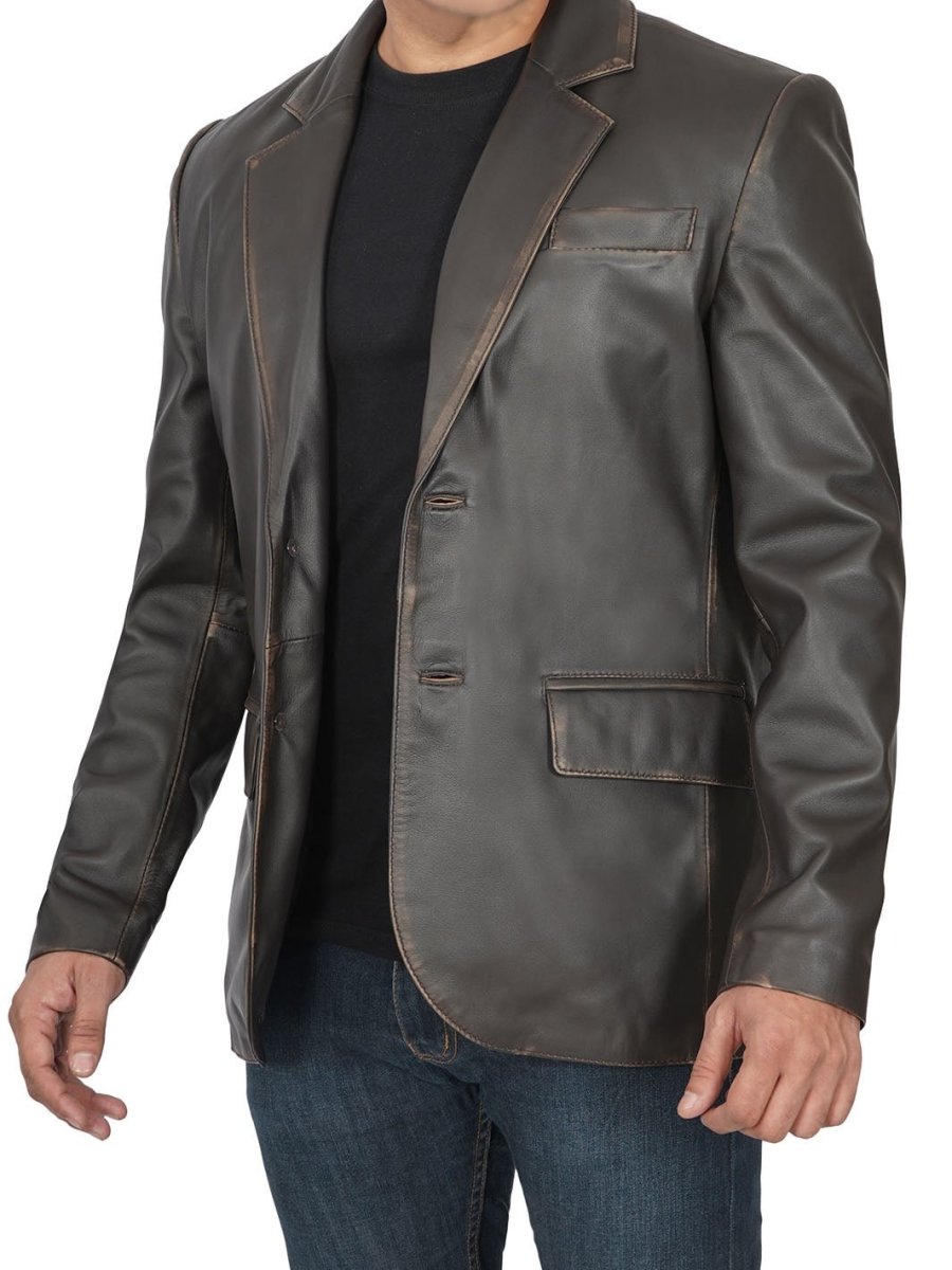Mens Dark Brown Rub Off Leather Blazer - Vox Leather