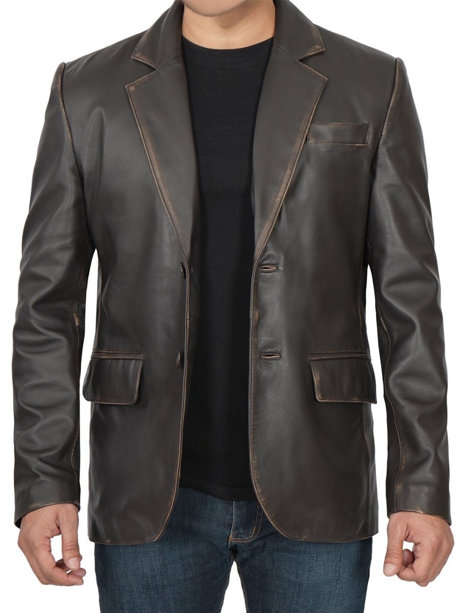 Mens Dark Brown Rub Off Leather Blazer - Vox Leather