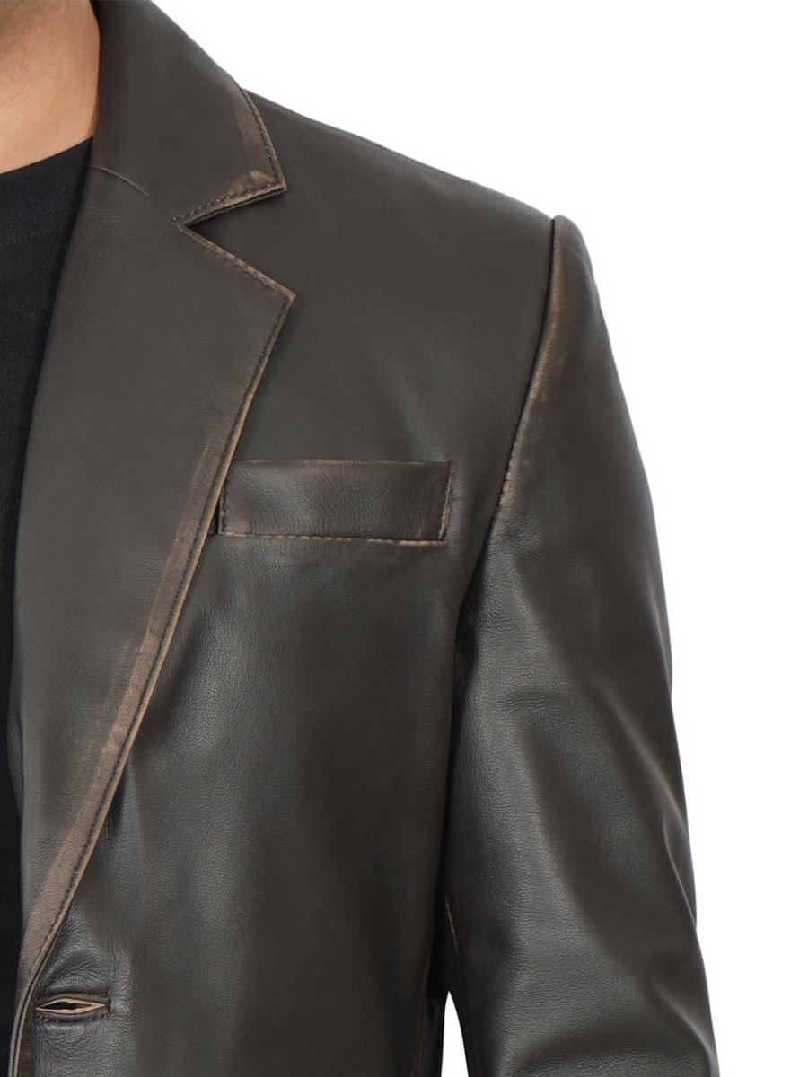 Mens Dark Brown Rub Off Leather Blazer - Vox Leather