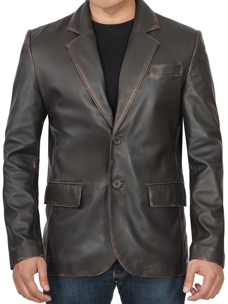 Mens Dark Brown Rub Off Leather Blazer - Vox Leather