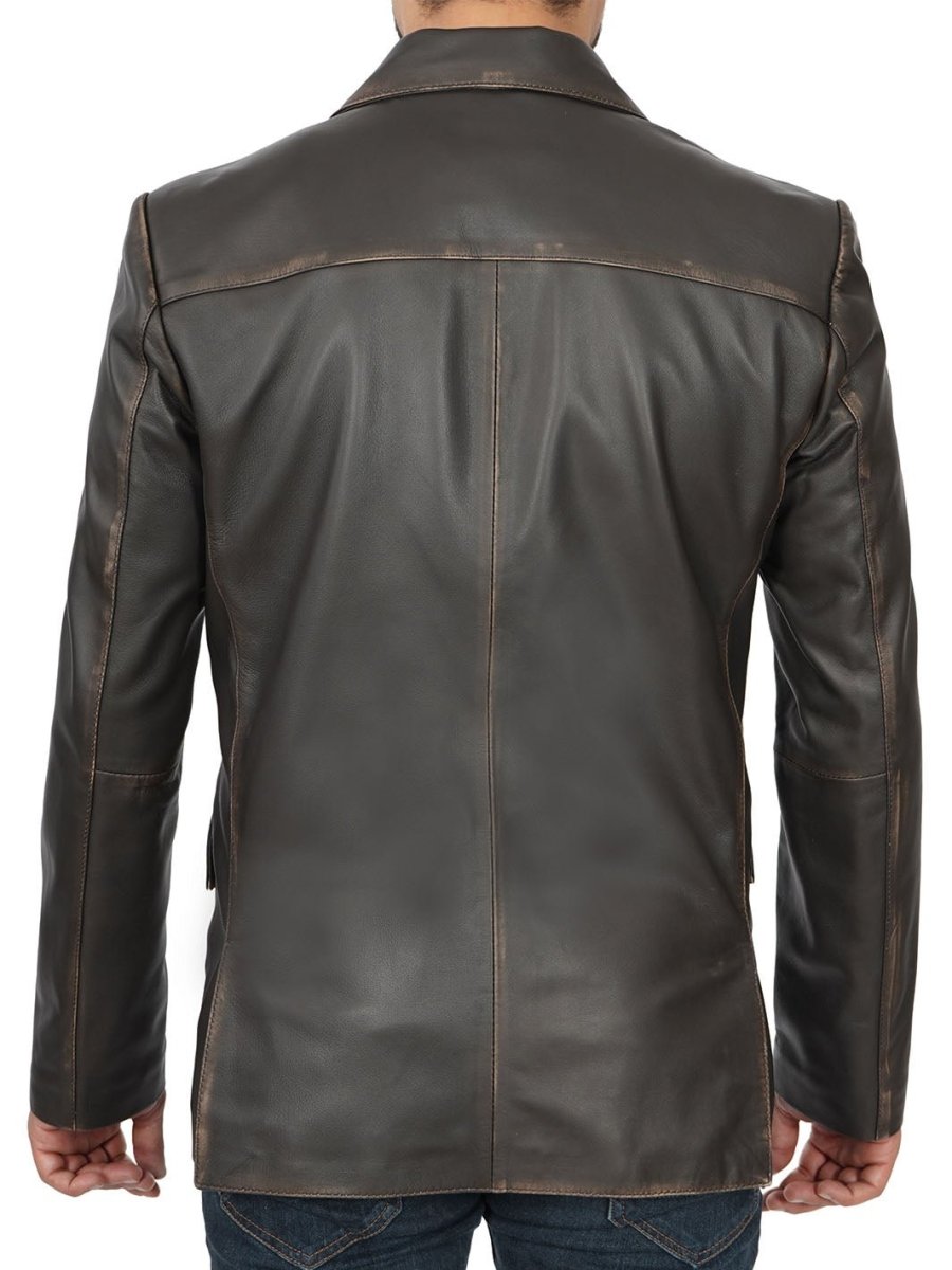 Mens Dark Brown Rub Off Leather Blazer - Vox Leather