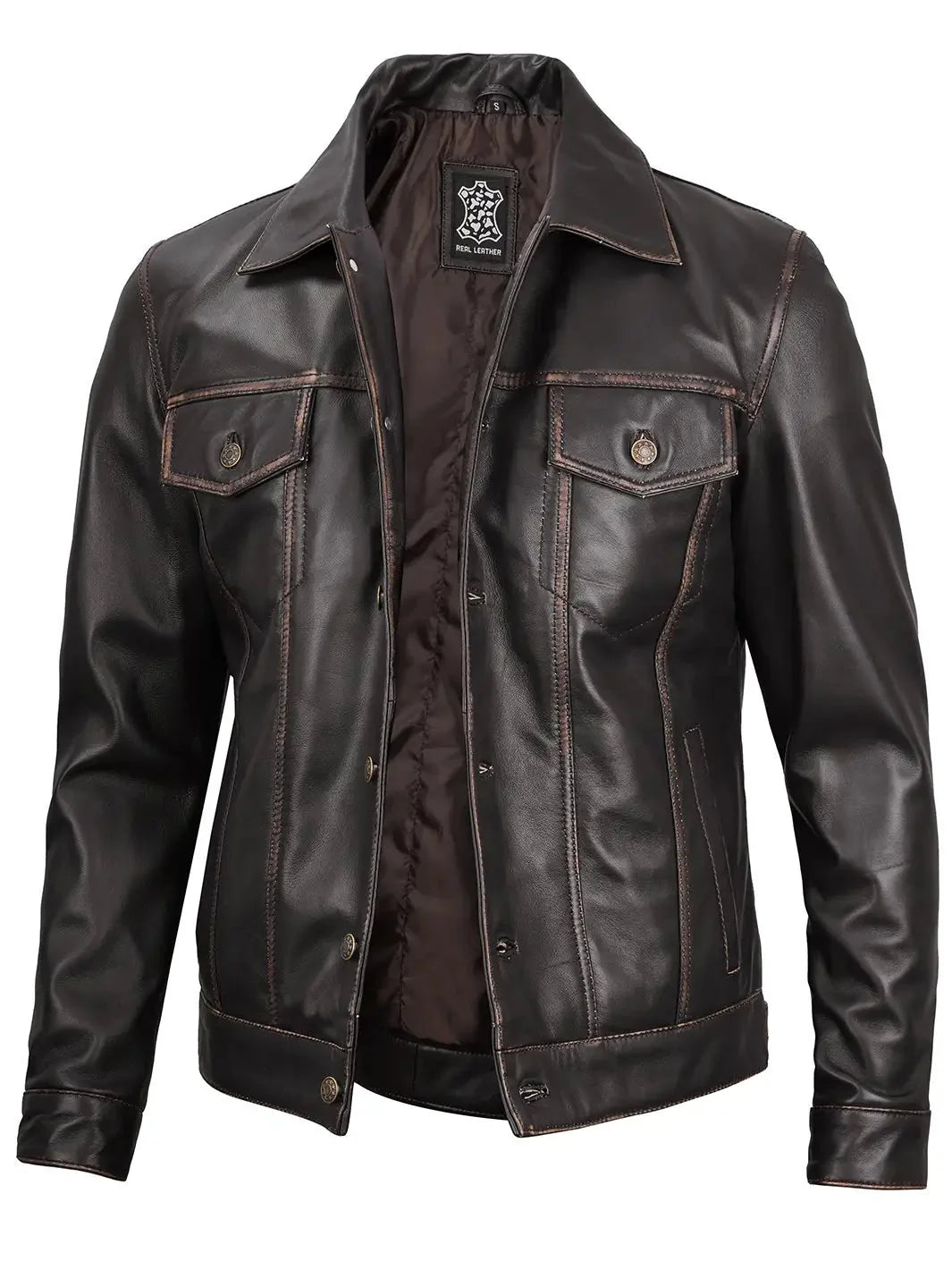 Men's Dark Brown Trucker Leather Jacket - Rare Leather