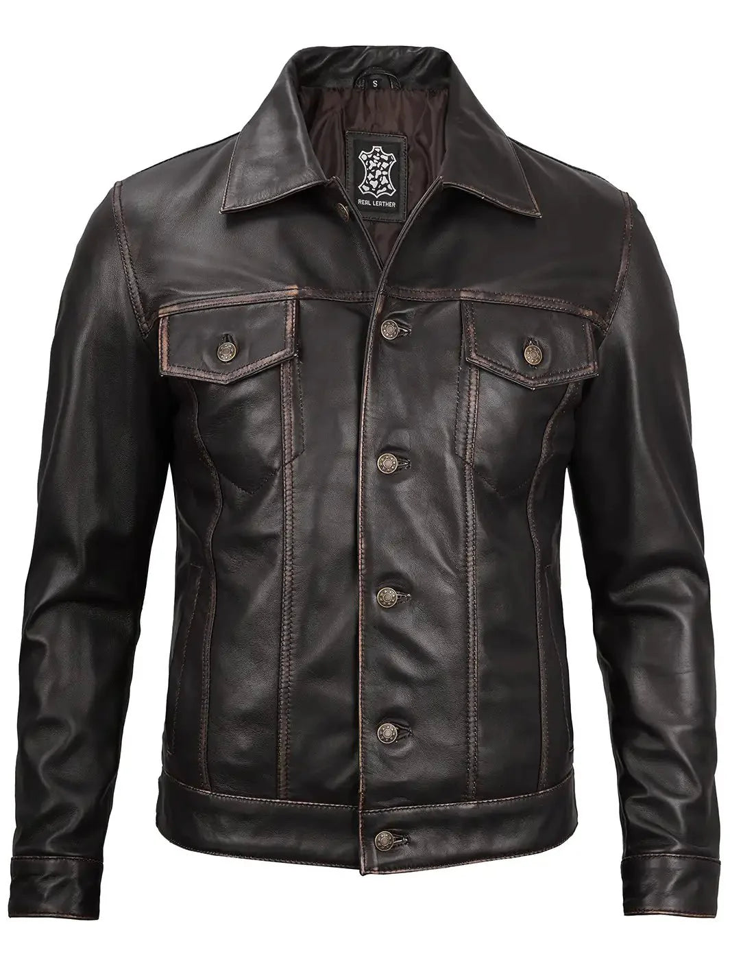 Men's Dark Brown Trucker Leather Jacket - Rare Leather