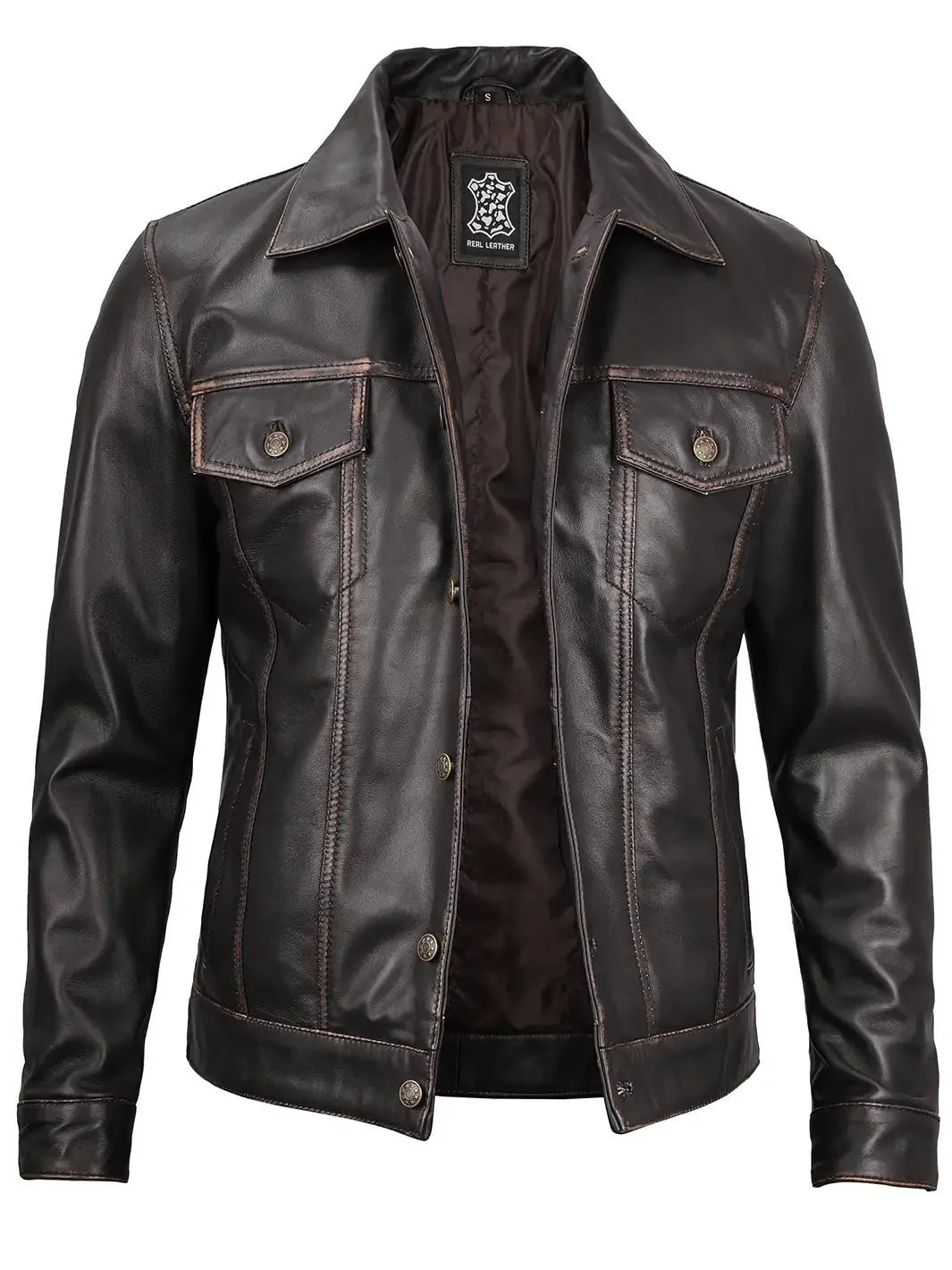 Men's Dark Brown Trucker Leather Jacket - Rare Leather