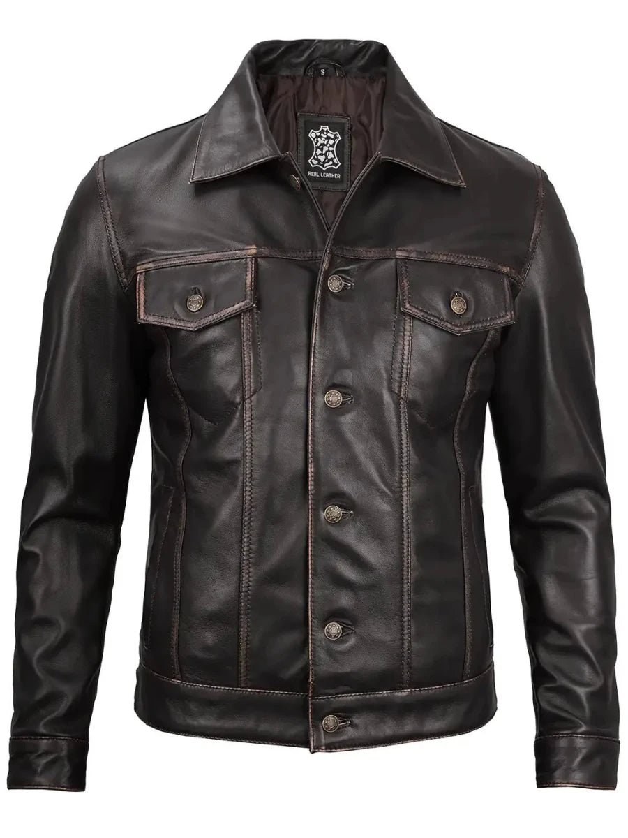 Men's Dark Brown Trucker Leather Jacket - Vox Leather