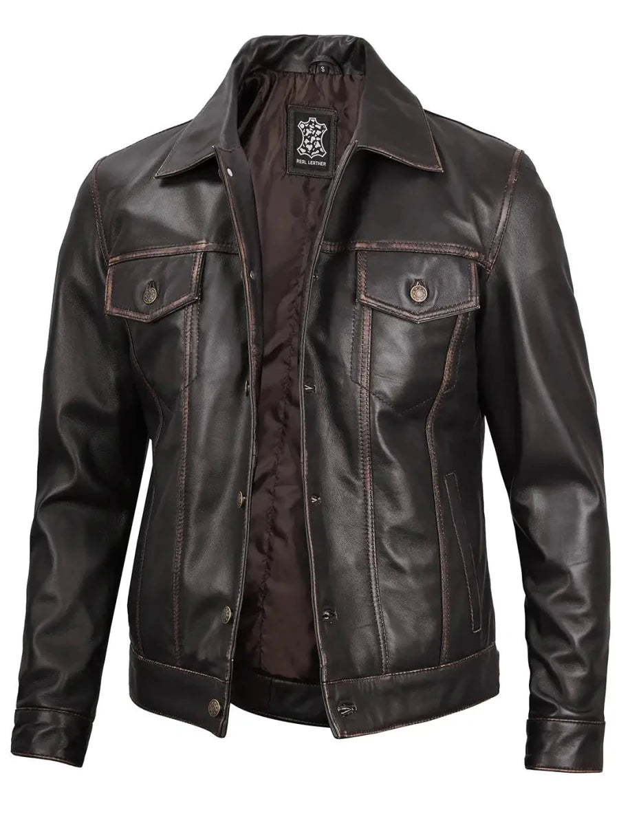 Men's Dark Brown Trucker Leather Jacket - Vox Leather