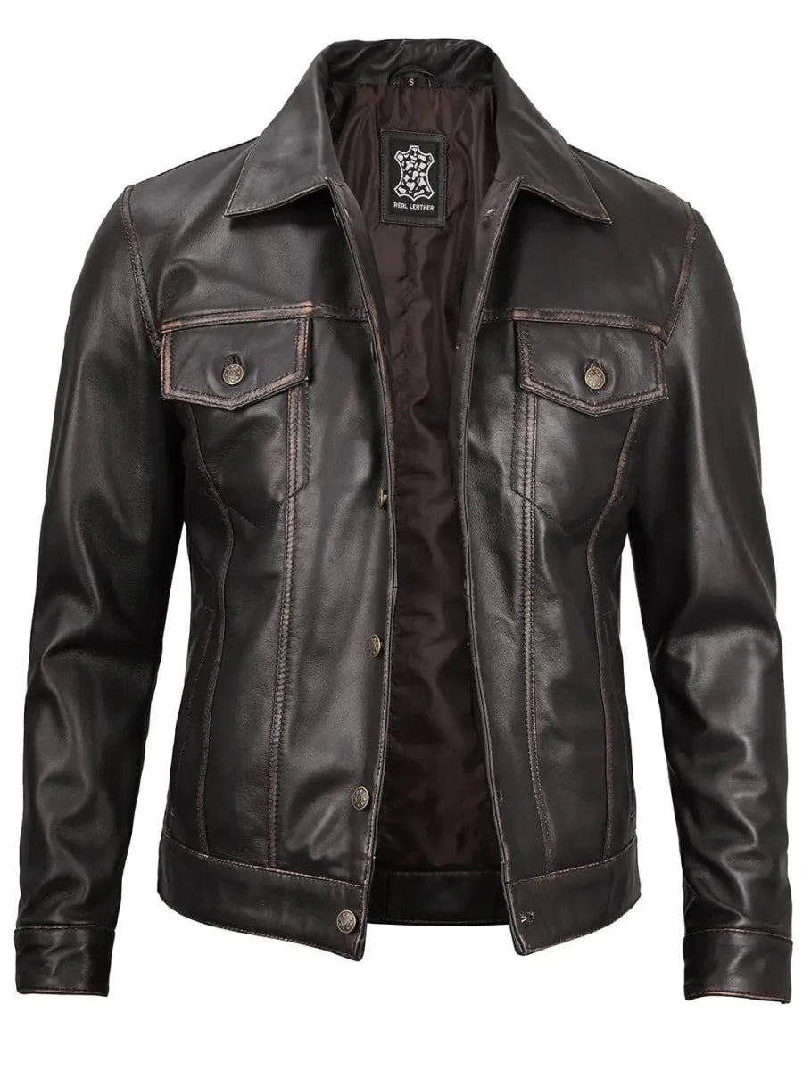 Men's Dark Brown Trucker Leather Jacket - Vox Leather
