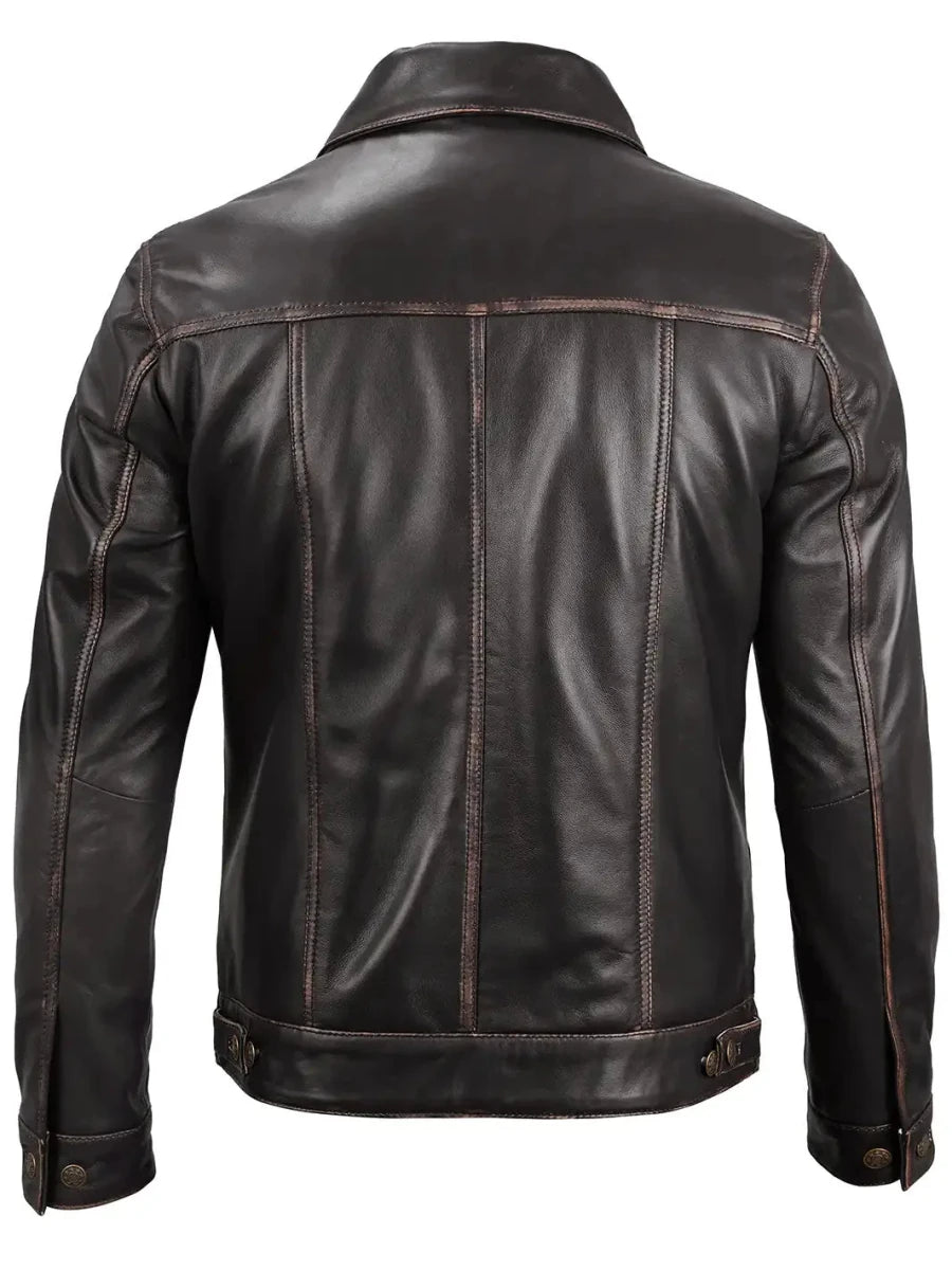 Men's Dark Brown Trucker Leather Jacket - Vox Leather