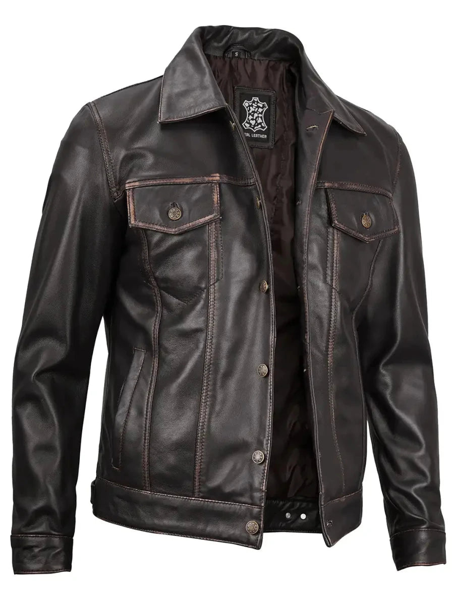 Men's Dark Brown Trucker Leather Jacket - Vox Leather