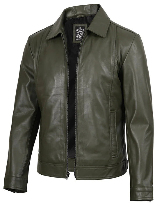 Men's Dark Green Harrington Leather Jacket - Rare Leather