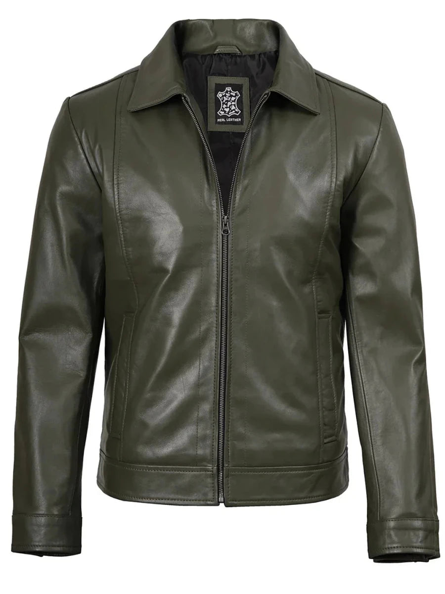 Men's Dark Green Harrington Leather Jacket - Vox Leather