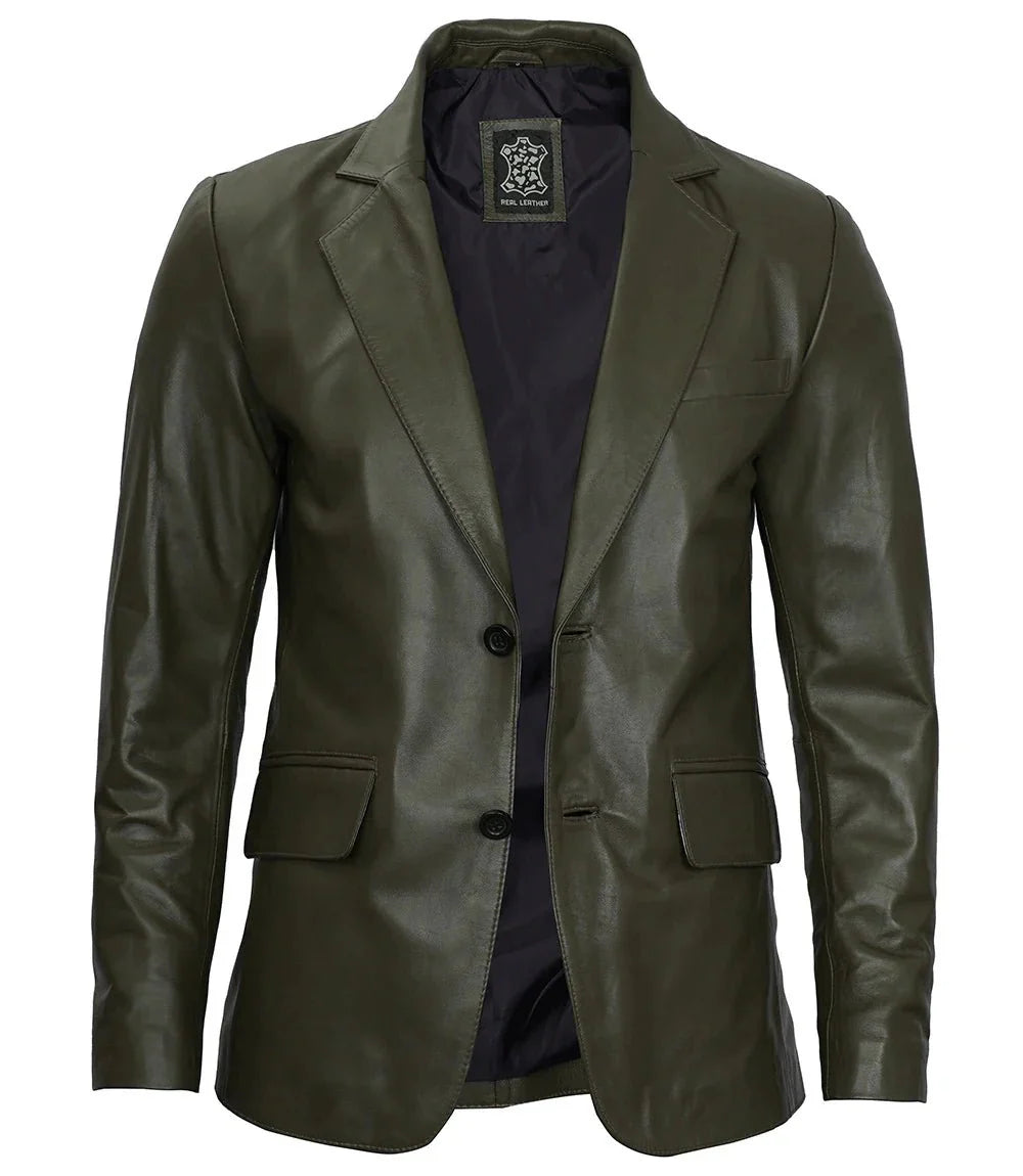 Men's Dark Green Real Leather Blazer - Rare Leather