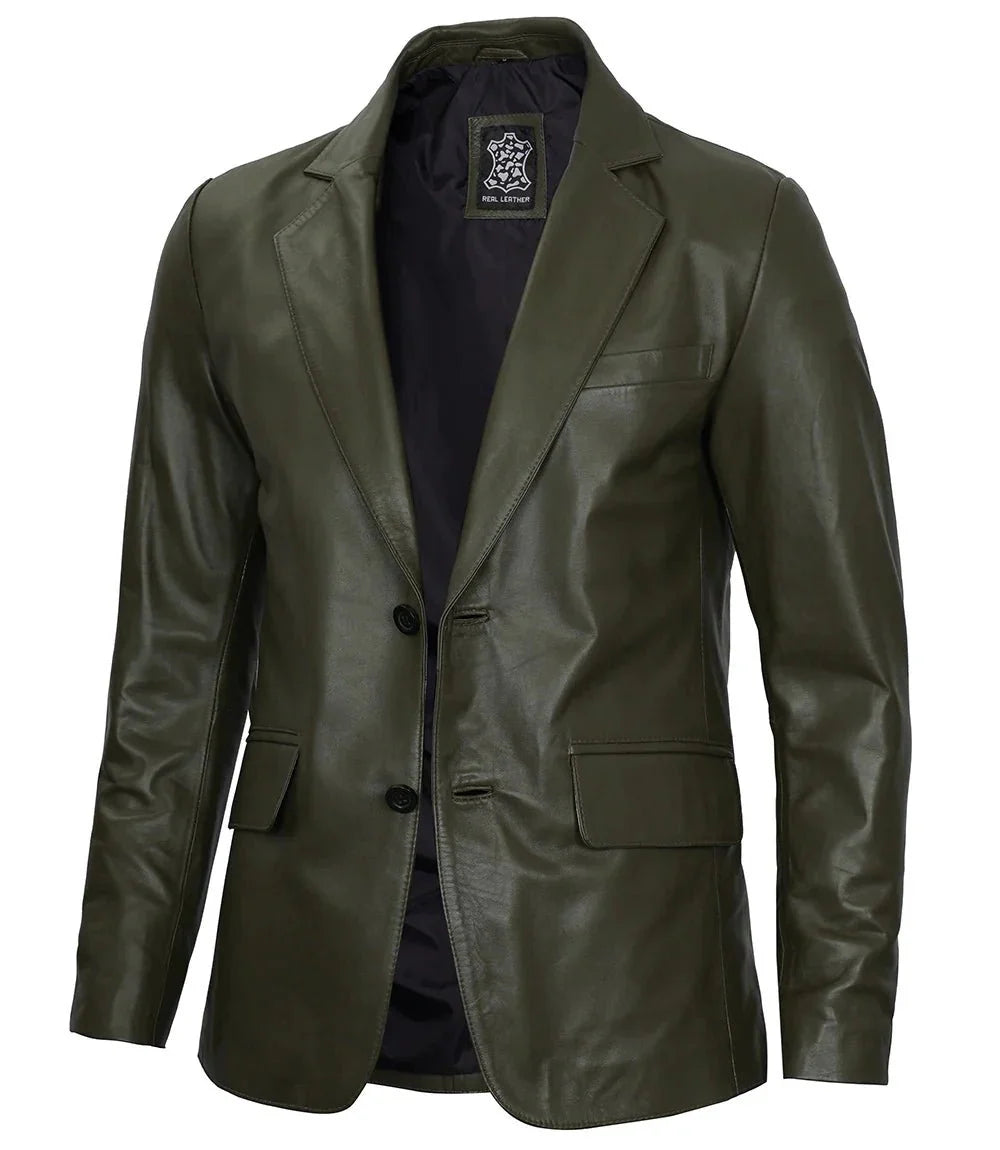 Men's Dark Green Real Leather Blazer - Rare Leather