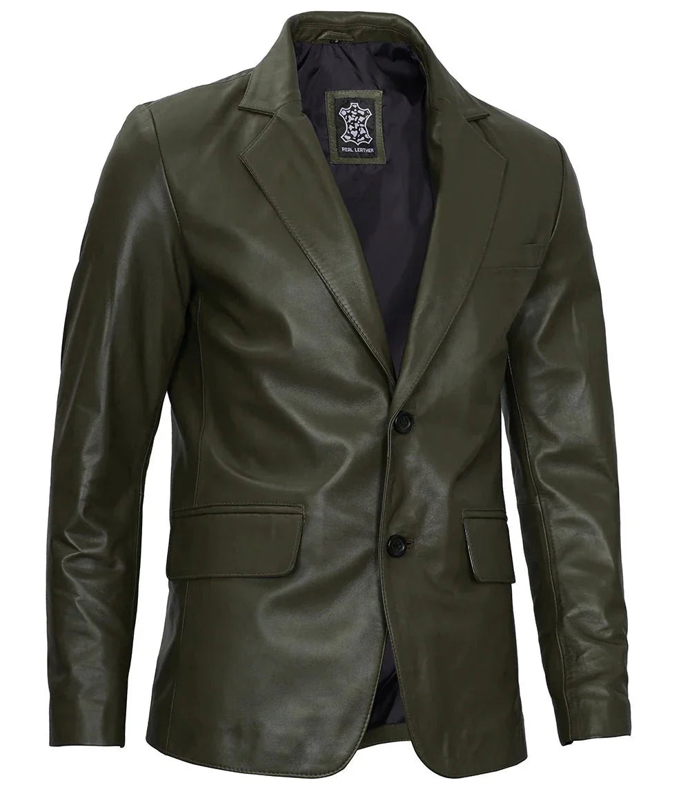 Men's Dark Green Real Leather Blazer - Rare Leather