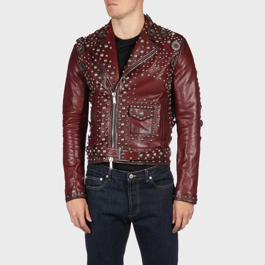 Men's Designer Studded Red Leather Motorcycle Jacket - Vox Leather