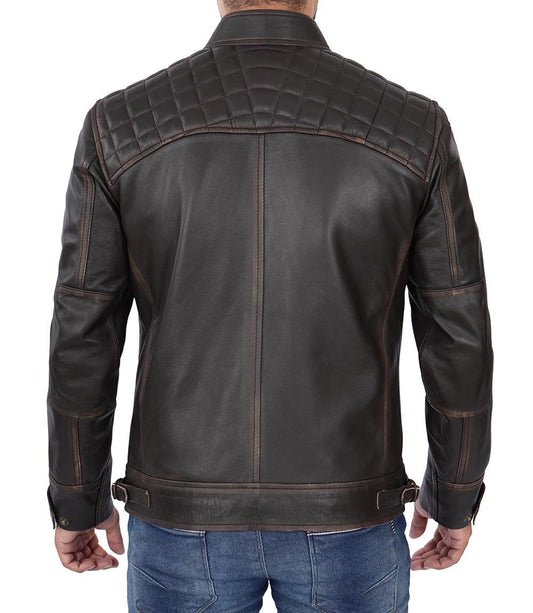 Men's Distressed Brown Cafe Racer Leather Jacket - Rare Leather