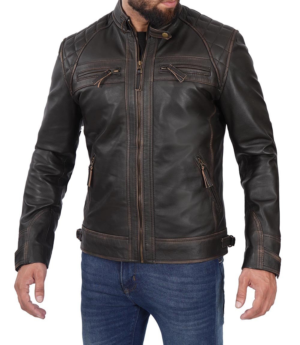 Men's Distressed Brown Cafe Racer Leather Jacket - Rare Leather