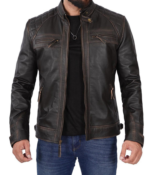 Men's Distressed Brown Cafe Racer Leather Jacket - Vox Leather