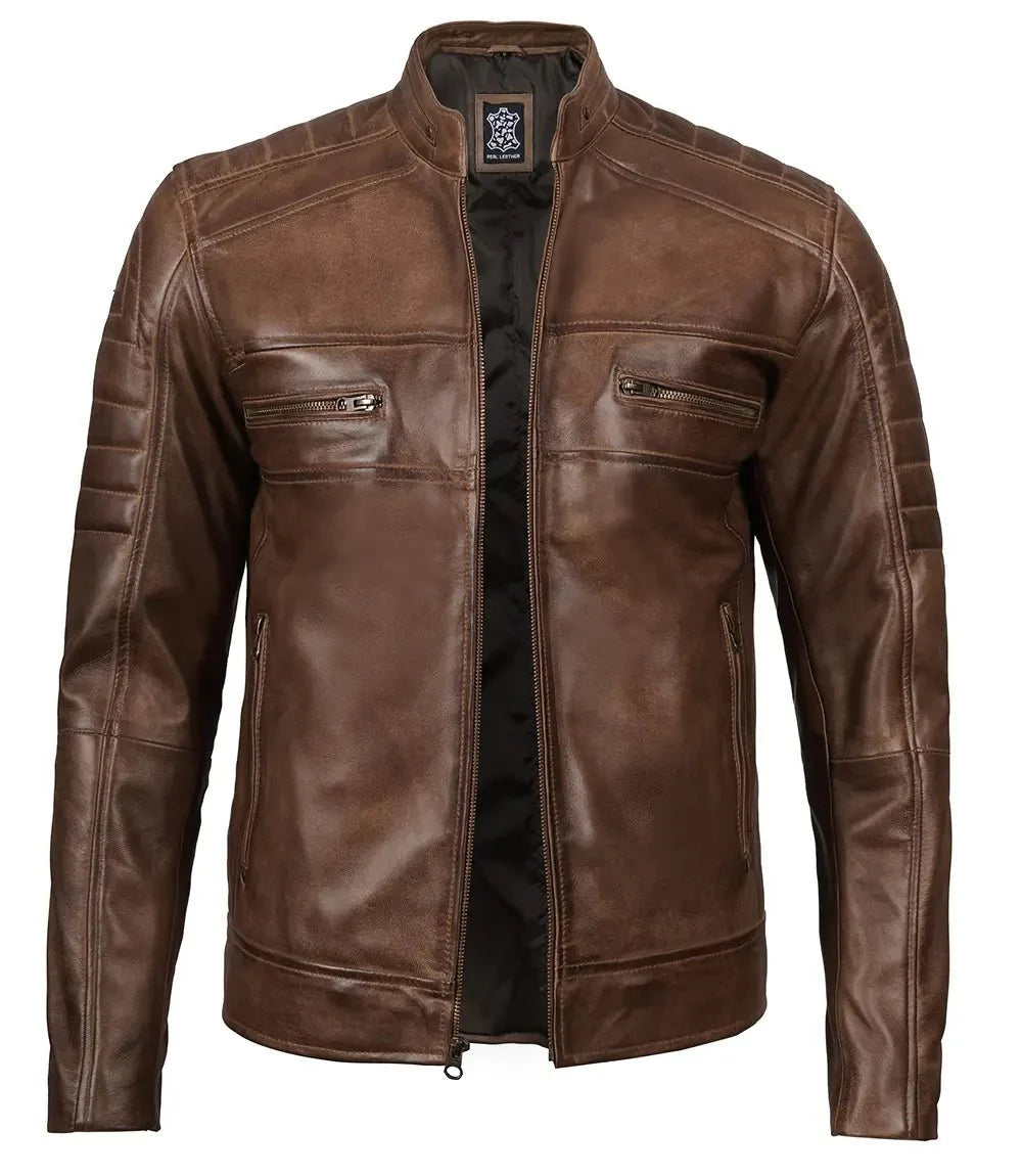 Men's Distressed Coffee Brown Leather Cafe Racer Jacket - Rare Leather