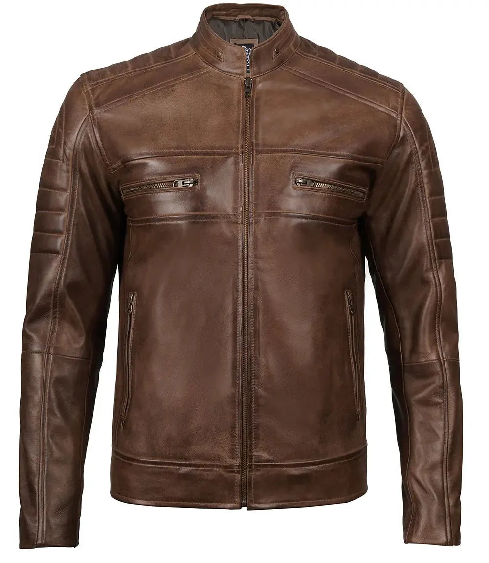 Men's Distressed Coffee Brown Leather Cafe Racer Jacket - Rare Leather
