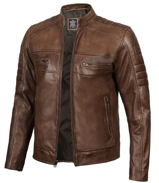 Men's Distressed Coffee Brown Leather Cafe Racer Jacket - Rare Leather