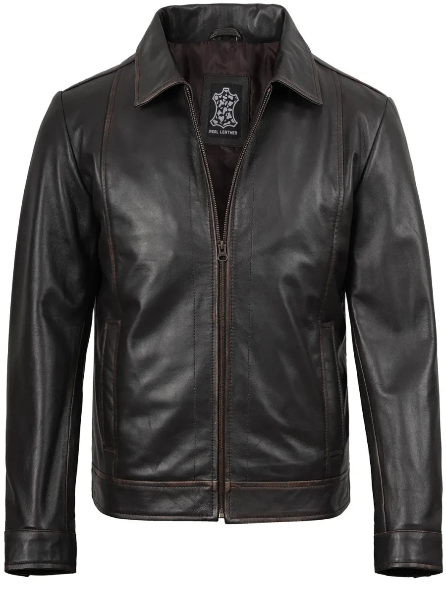 Mens Distressed Dark Brown Motorcycle Leather Jacket - Vox Leather
