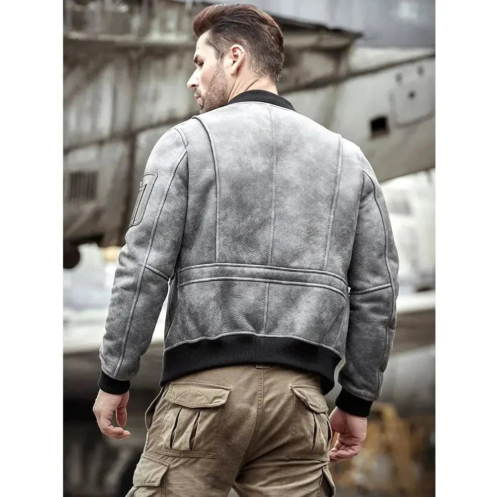 Men's Grey A2 Airforce Flight Sheepskin Shearling Motorcycle Jacket - Rare Leather