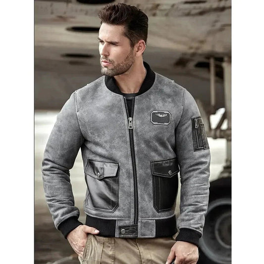 Men's Grey A2 Airforce Flight Sheepskin Shearling Motorcycle Jacket - Vox Leather