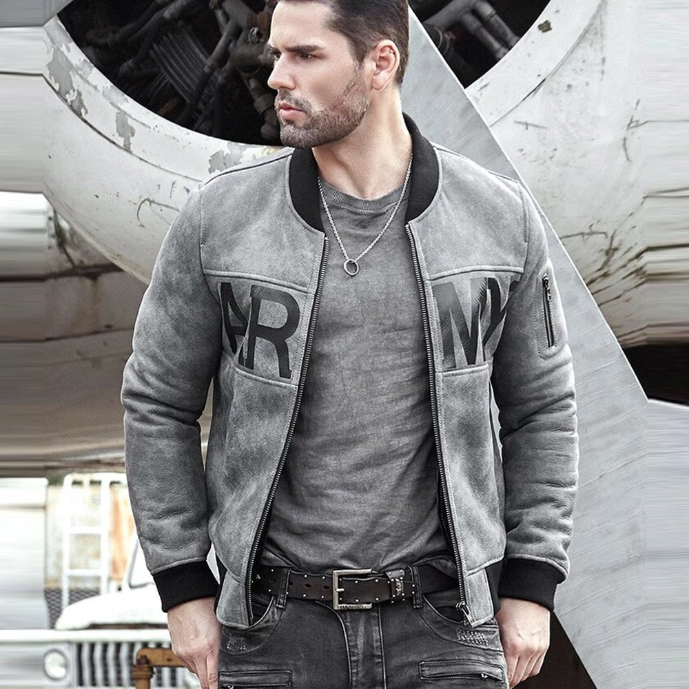 Mens Grey Sheepskin Army Shearling Bomber Jacket - Rare Leather