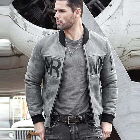 Mens Grey Sheepskin Army Shearling Bomber Jacket - Vox Leather
