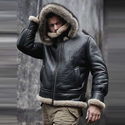 Men's Hooded RAF Aviator B3 Sheepskin Black Shearling Jacket - Rare Leather