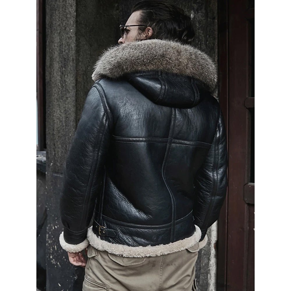 Men's Hooded RAF Aviator B3 Sheepskin Black Shearling Jacket - Rare Leather