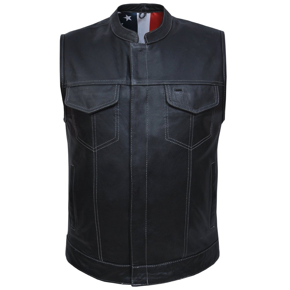Men's Leather Motorcycle Club Vest with USA Flag Liner - Rare Leather