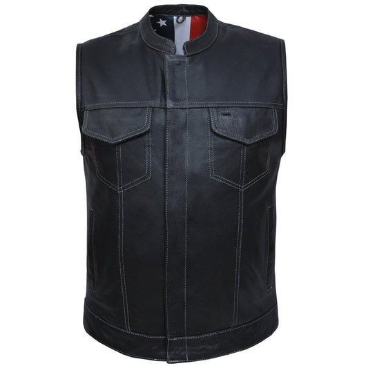 Men's Leather Motorcycle Club Vest with USA Flag Liner - Vox Leather