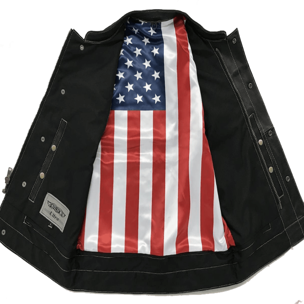 Men's Leather Motorcycle Club Vest with USA Flag Liner - Vox Leather