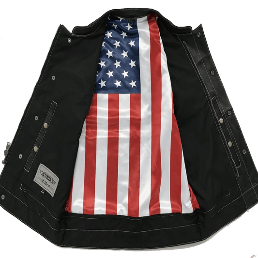Men's Leather Motorcycle Club Vest with USA Flag Liner - Vox Leather
