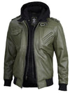 Men's Military Green Leather Jacket with Removable Hood - Rare Leather