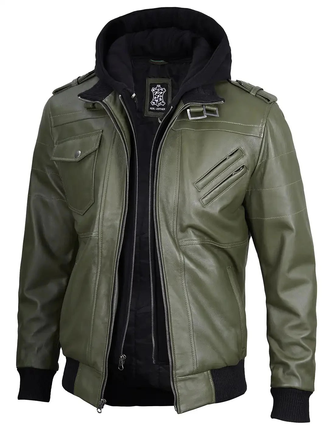 Men's Military Green Leather Jacket with Removable Hood - Rare Leather