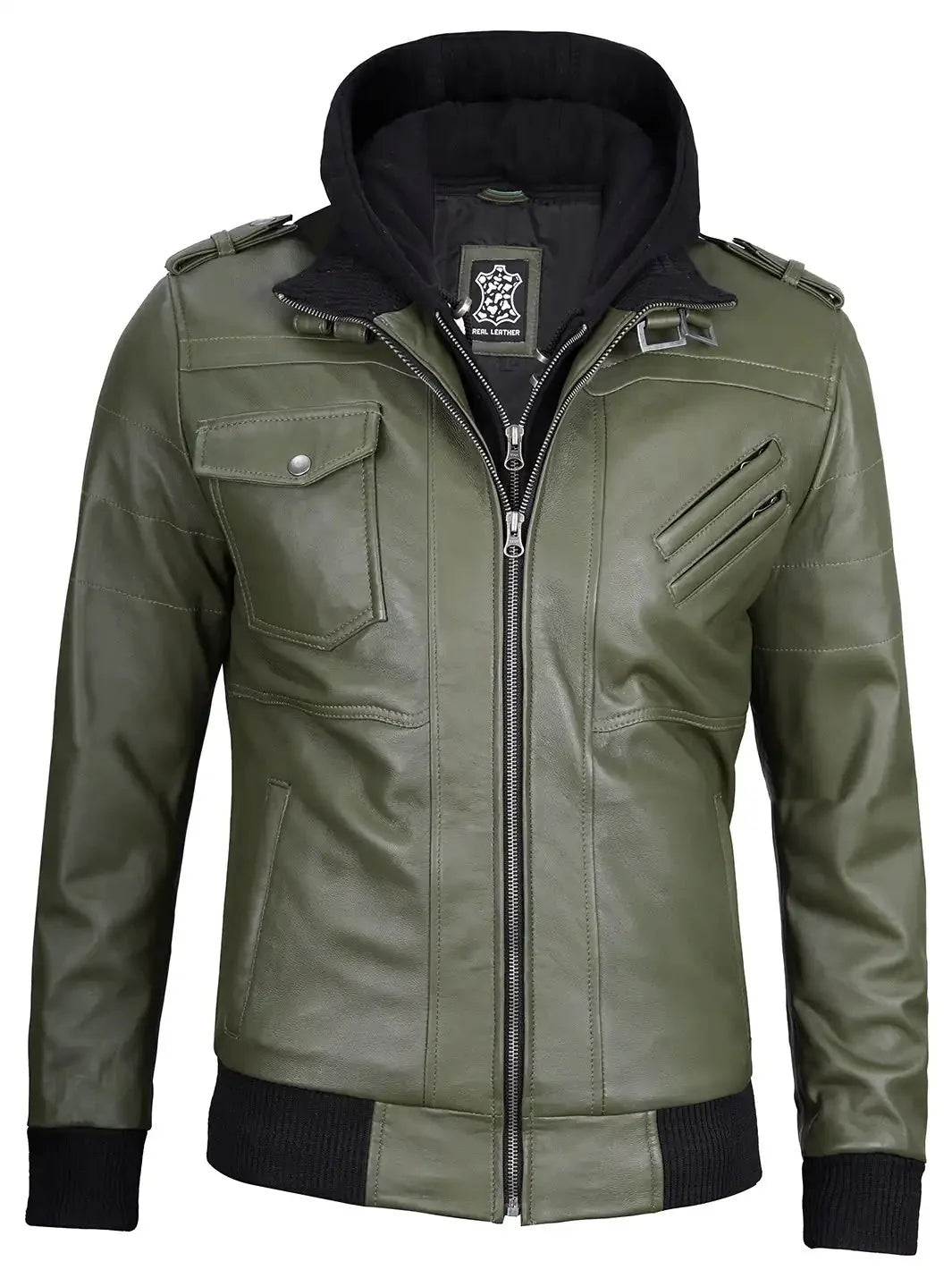 Men's Military Green Leather Jacket with Removable Hood - Rare Leather