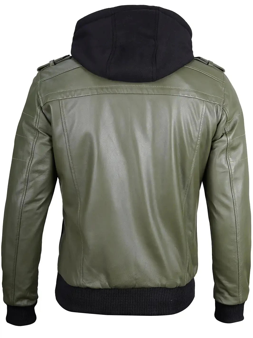 Men's Military Green Leather Jacket with Removable Hood - Rare Leather
