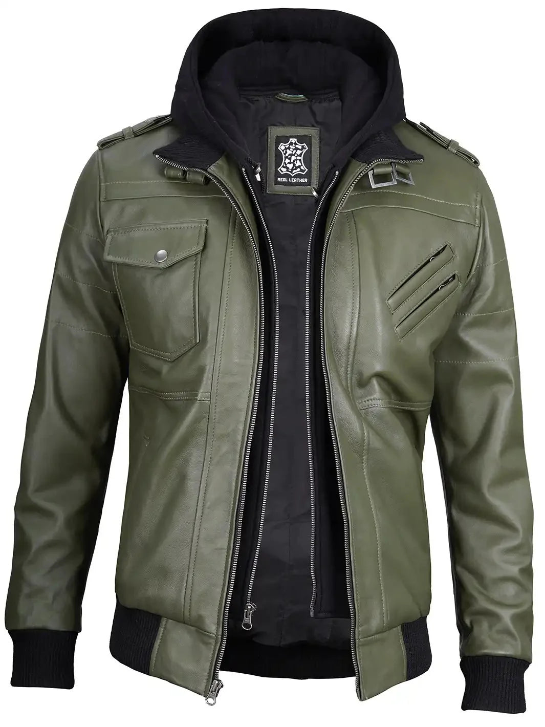 Men's Military Green Leather Jacket with Removable Hood - Rare Leather