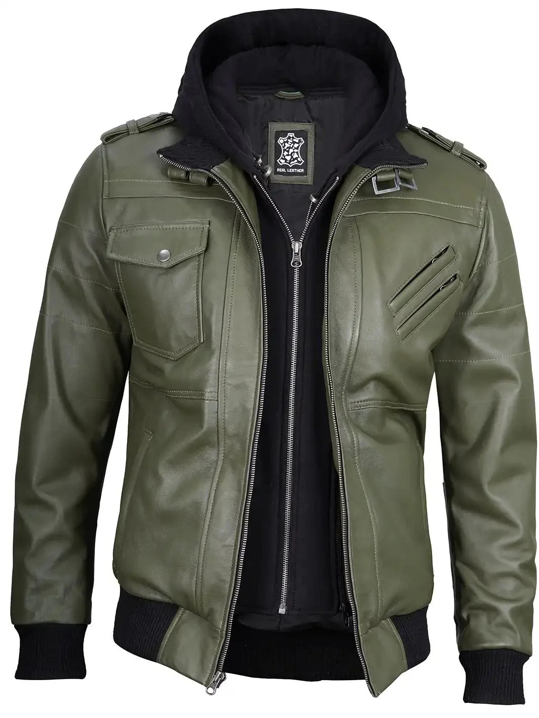 Men's Military Green Leather Jacket with Removable Hood - Rare Leather