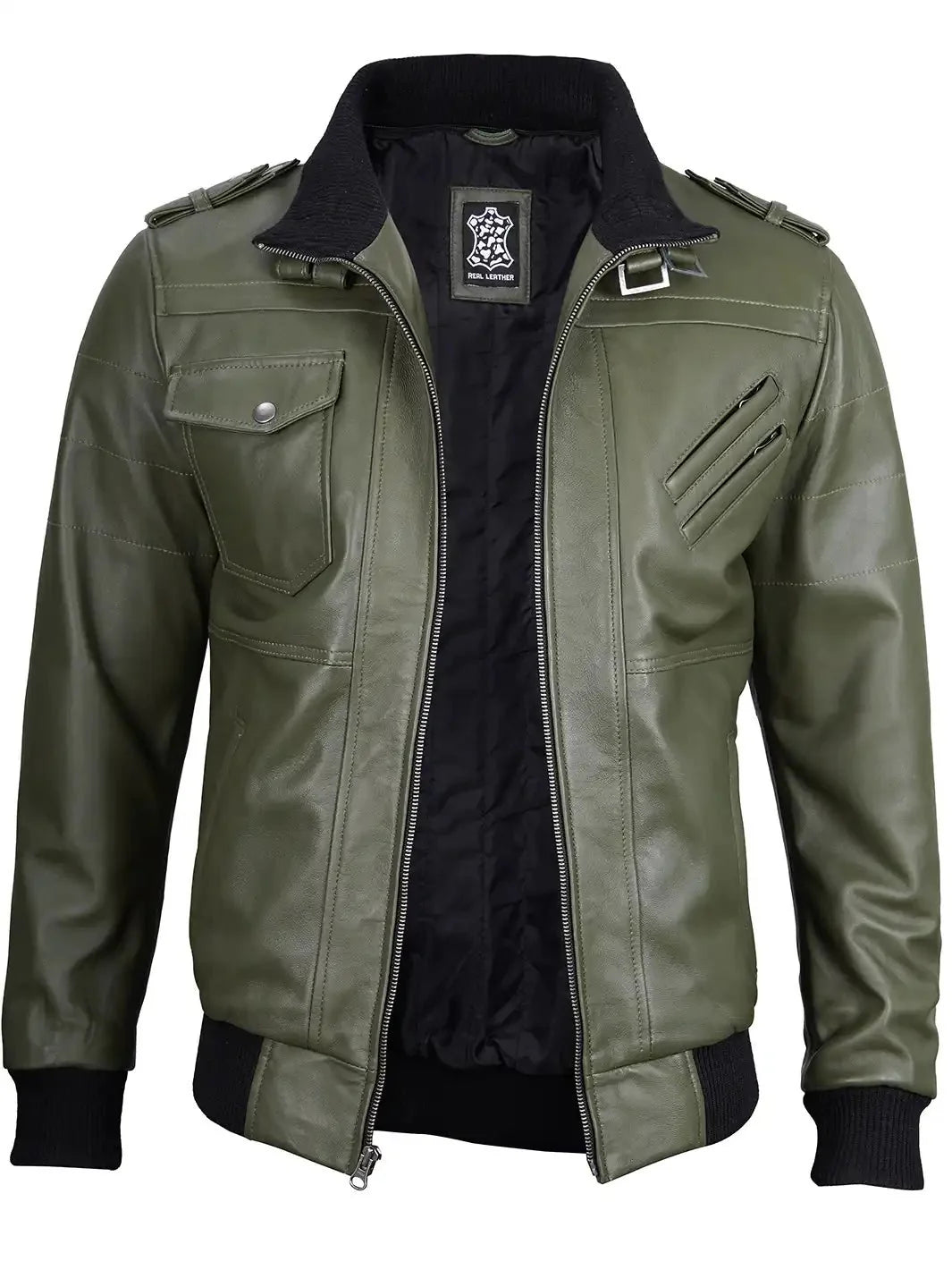 Men's Military Green Leather Jacket with Removable Hood - Rare Leather