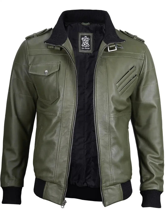 Men's Military Green Leather Jacket with Removable Hood - Rare Leather