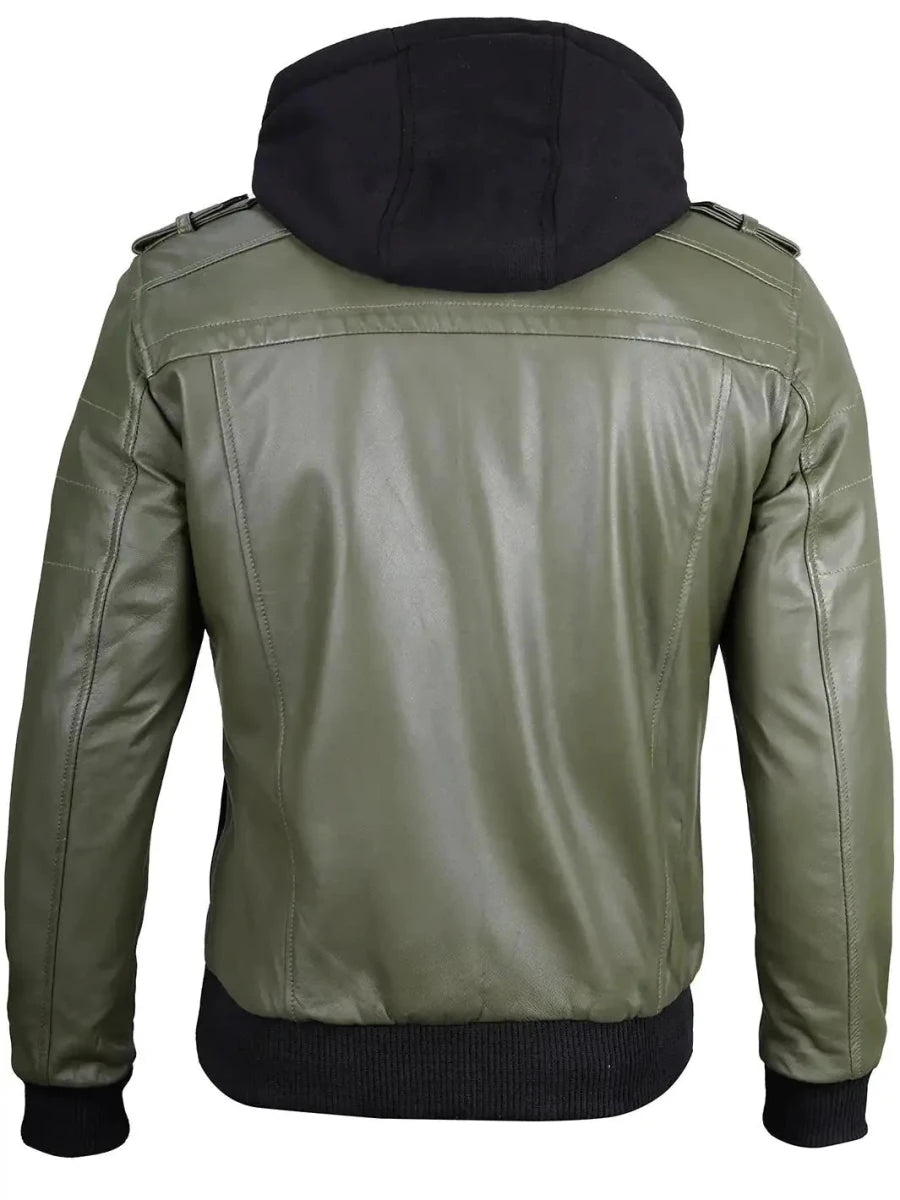 Men's Military Green Leather Jacket with Removable Hood - Vox Leather