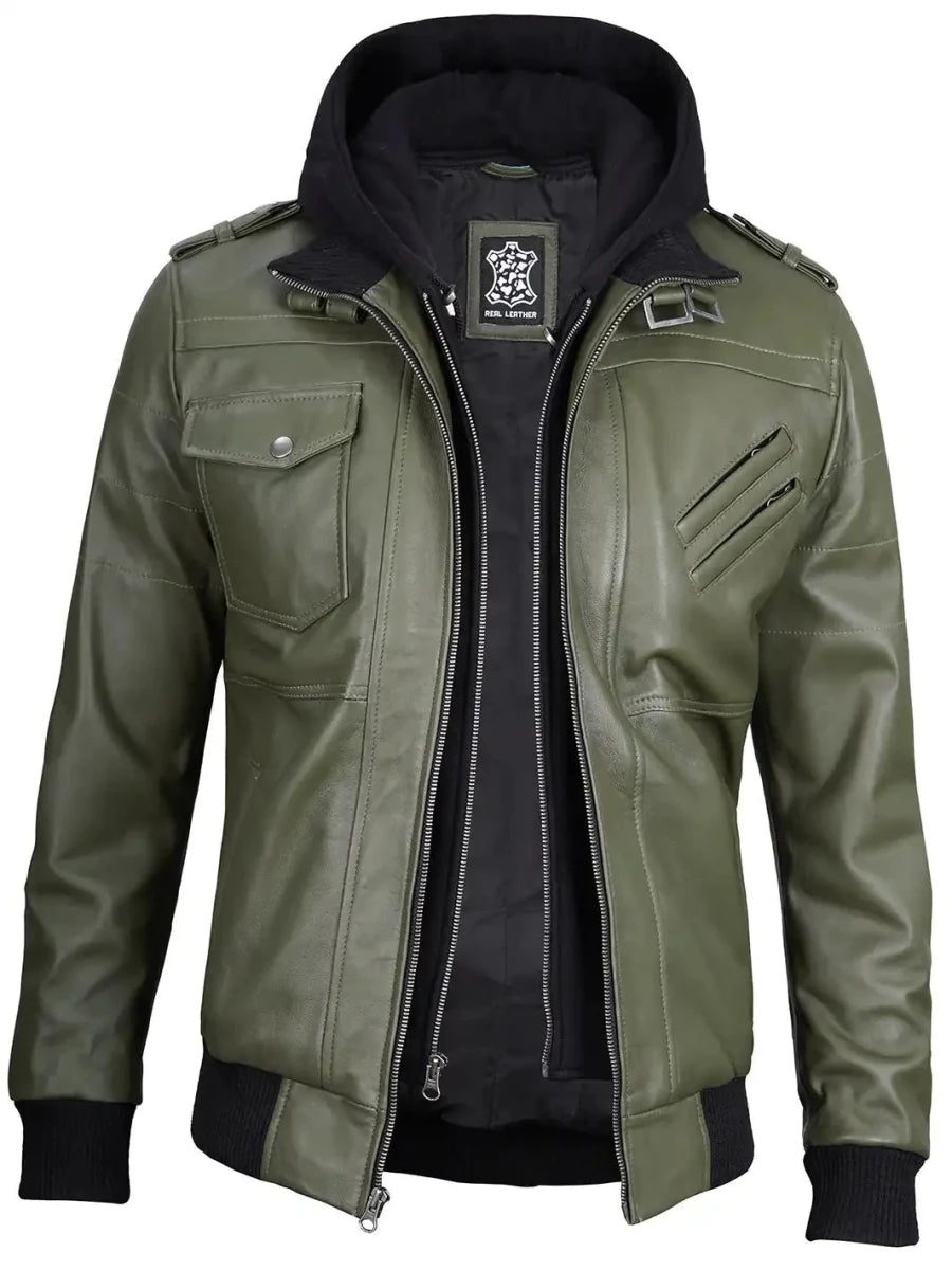 Men's Military Green Leather Jacket with Removable Hood - Vox Leather