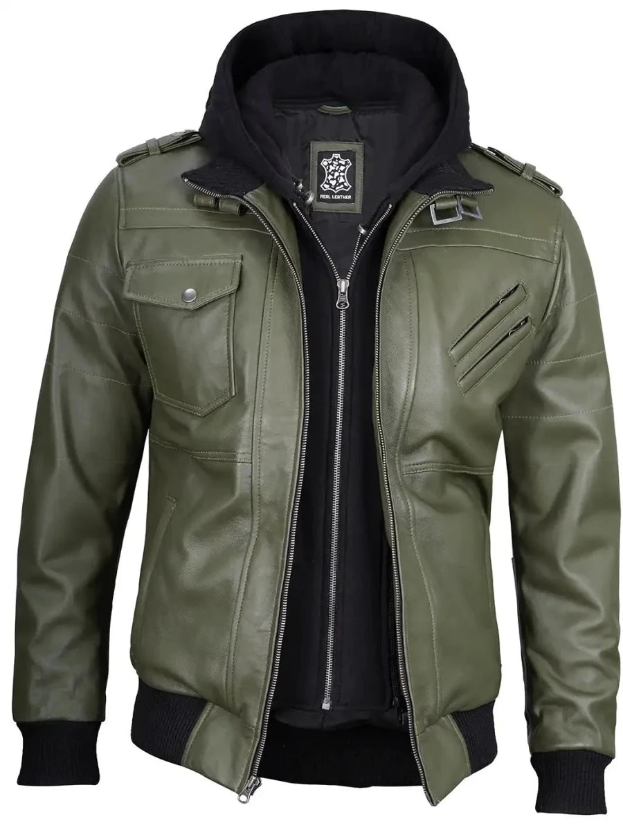 Men's Military Green Leather Jacket with Removable Hood - Vox Leather